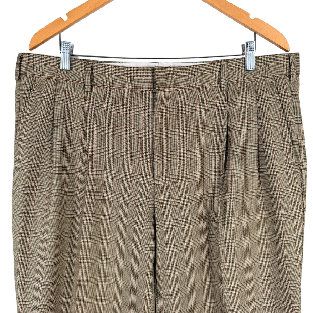Lands End Pleated Wool Dress Pants Mens 37x32 Brown Glen Plaid Cuffed Tailored